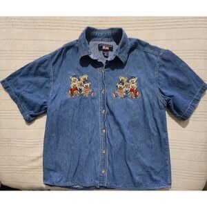 Let's Quizz Again Denim Button Shirt Bears Embroidered Womens M Vintage 90s‎